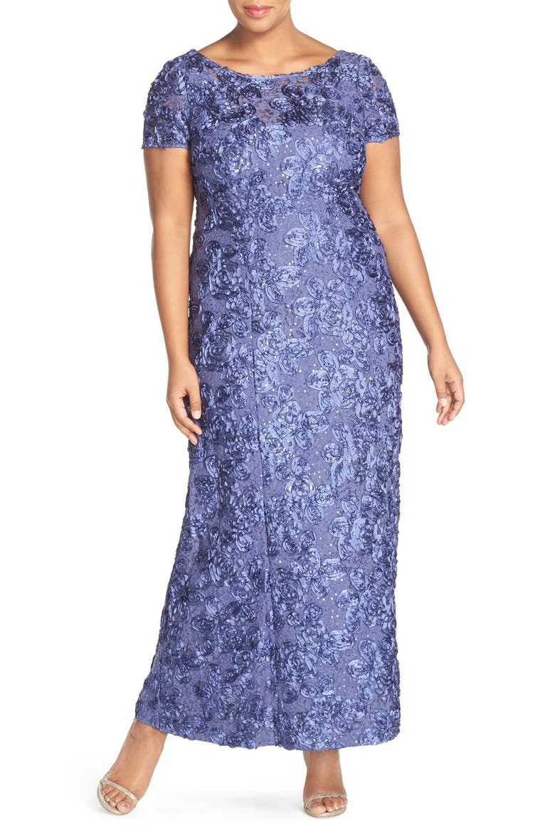 Rosette Lace Short Sleeve A-Line Gown, Main, color, VIOLET
