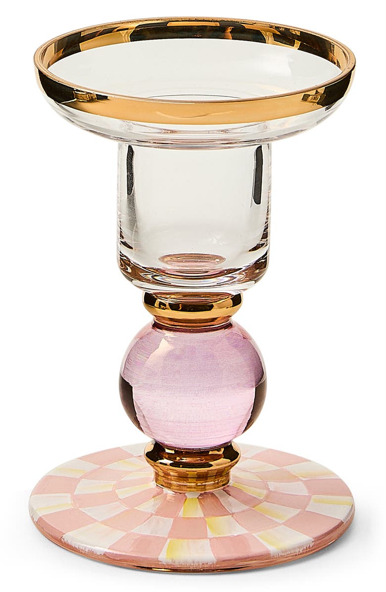 MACKENZIE CHILDS Rosy Check Small Glass Candleholder, Main, color, Rosy