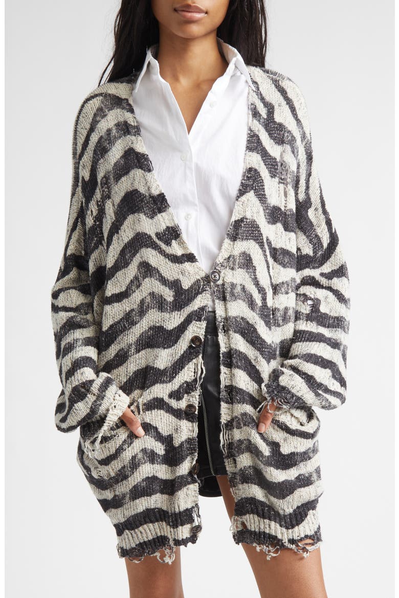 Oversize Distressed Zebra Print Linen Blend Cardigan, Main, color, BLACK AND WHITE ZEBRA