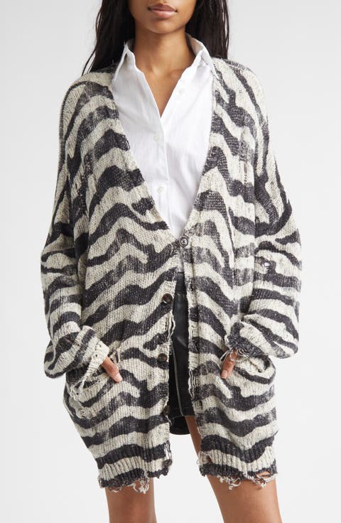 Oversize Distressed Zebra Print Linen Blend Cardigan