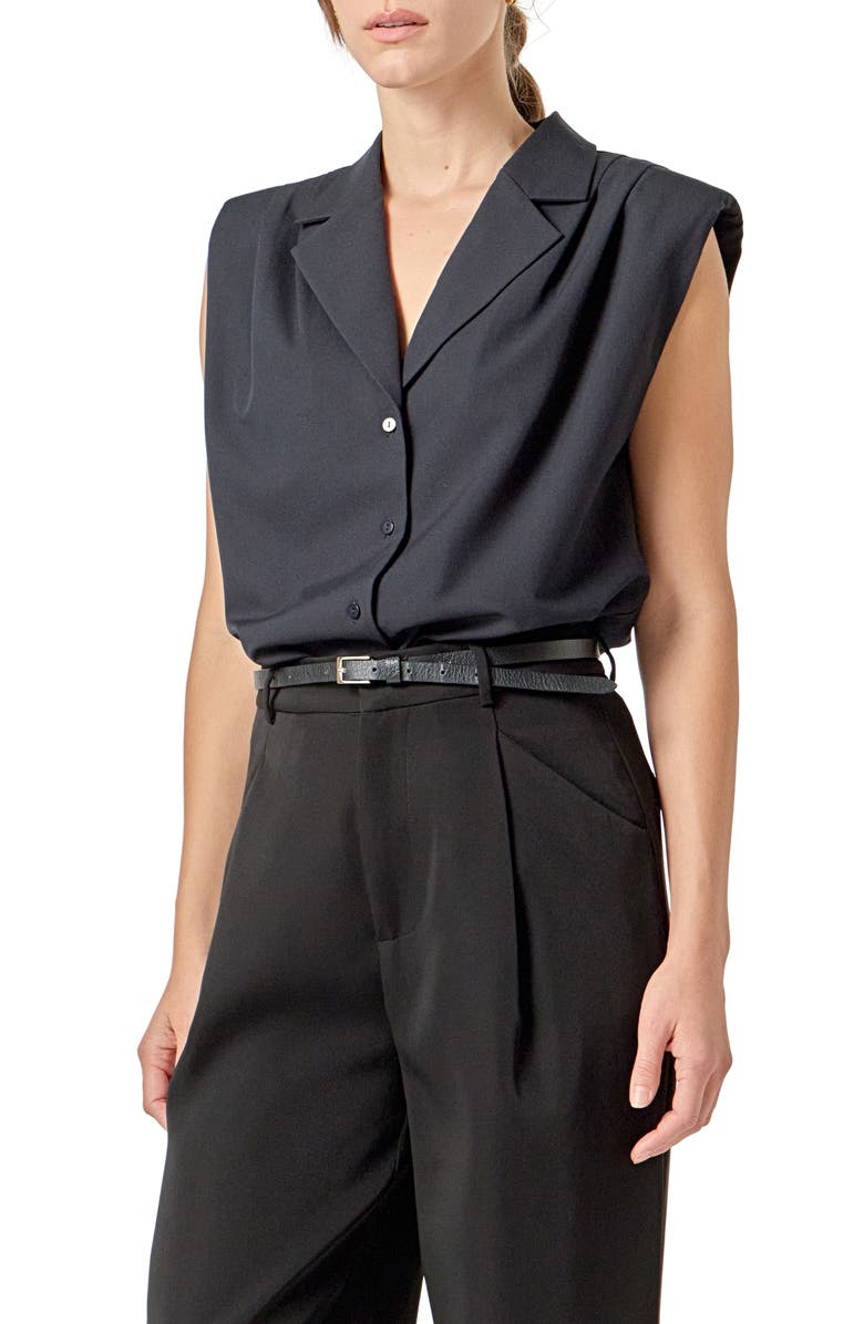 English Factory Pleated Sleeveless Shirt, Alternate, color, Navy