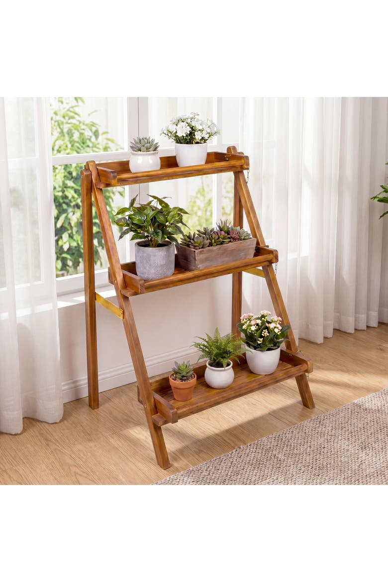 Hollis 3-Tier Acacia Wood Indoor/Outdoor Foldable Compact Freestanding Ladder Plant Stand Display Rack Shelf, Alternate, color, Natural
