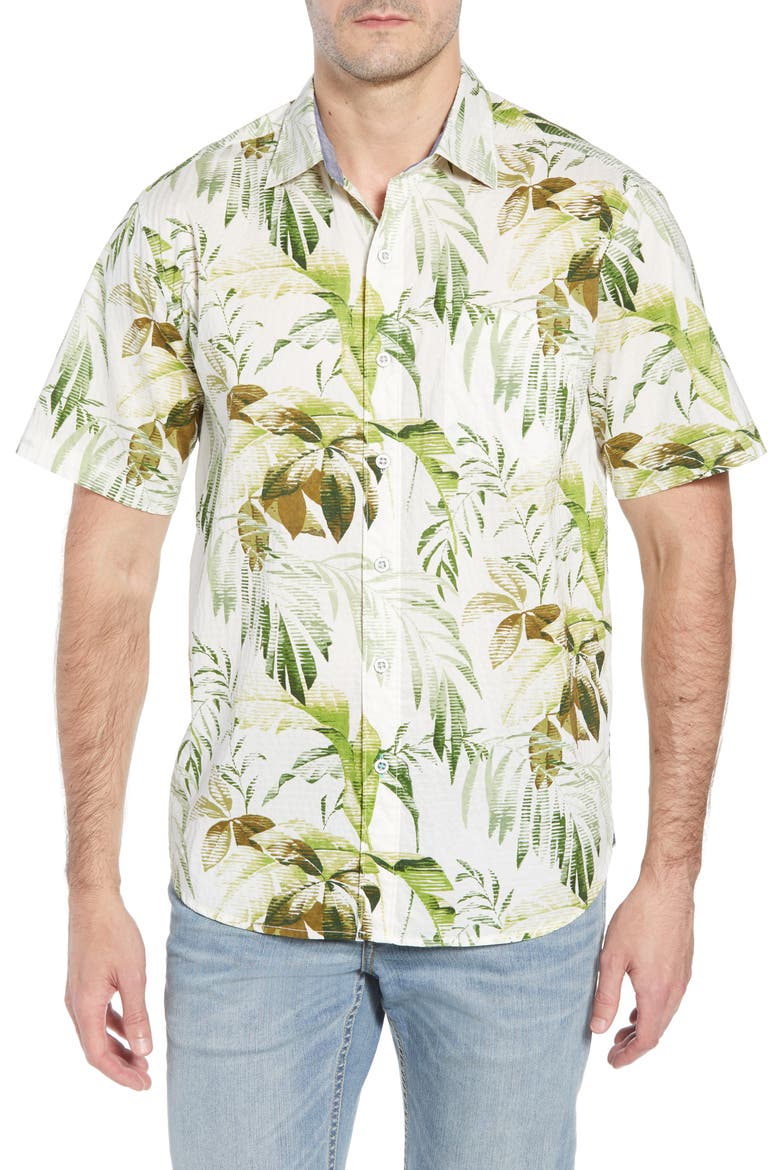 Don't Leaf Me Now Classic Fit Tropical Print Sport Shirt, Main, color, COCONUT CREAM