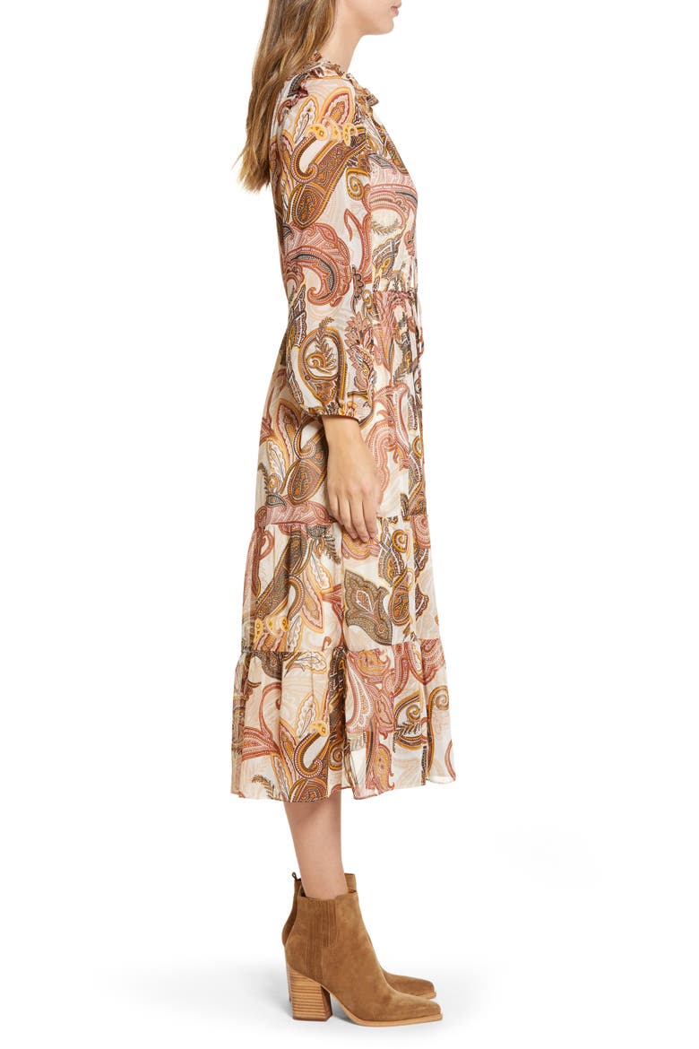 Long Sleeve Tiered Chiffon Midi Dress, Alternate, color, IVORY MULTI