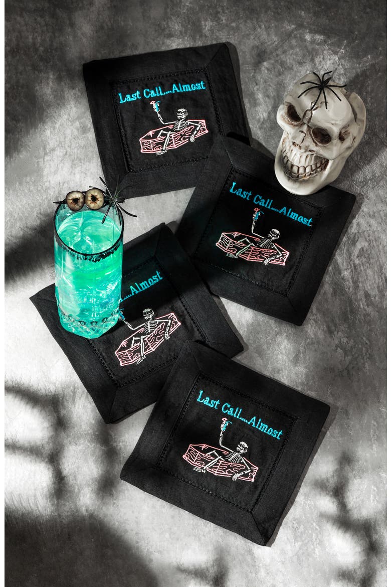 Last Call...Almost Embroidered Linen Cocktail Napkins, Alternate, color, BLACK/ PINK
