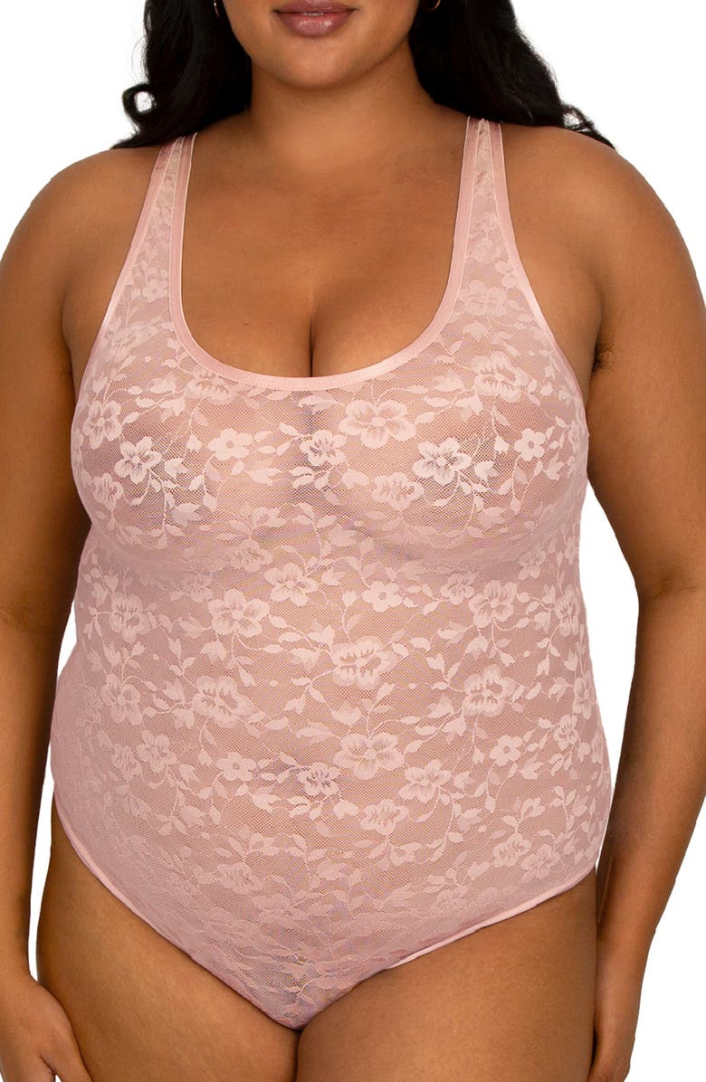 Curvy Couture No-Show Lace Bodysuit, Main, color, Blushing Rose