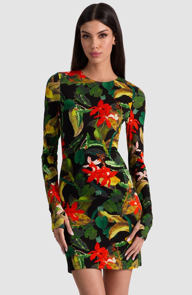 Alice + Olivia Delora Tropical Print Long Sleeve Minidress, Alternate, color, Tropical Sunrise Black