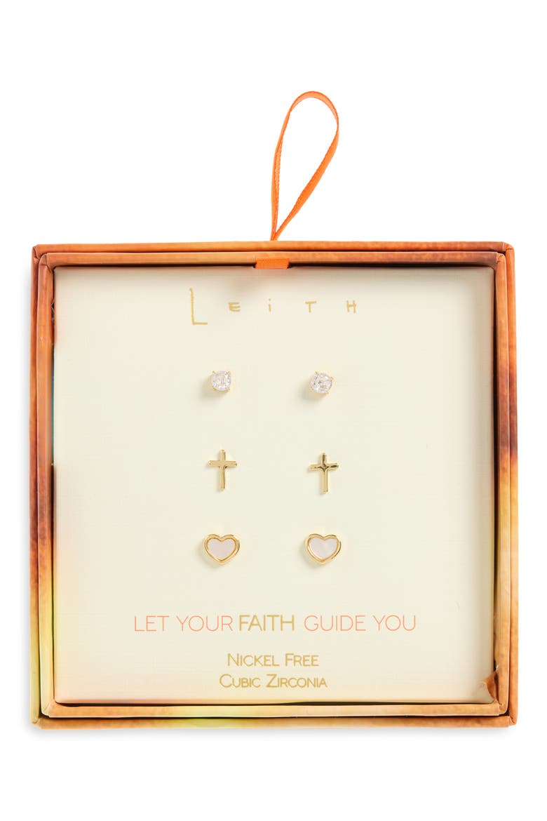 Set of 3 Cubic Zirconia Faith Stud Earrings, Main, color, CLEAR- GOLD