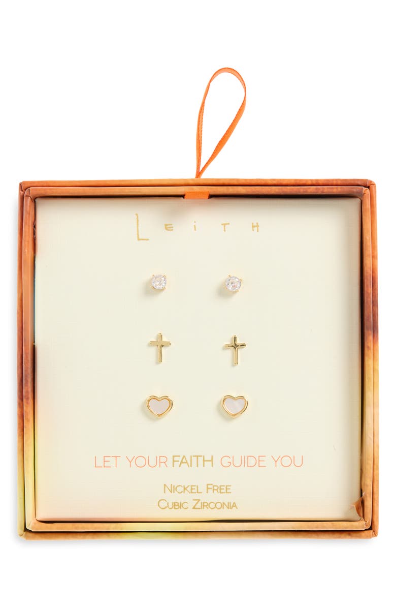 Leith Set of 3 Cubic Zirconia Faith Stud Earrings, Main, color, Clear- Gold