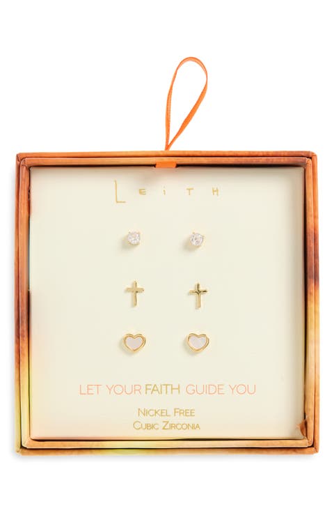 Set of 3 Cubic Zirconia Faith Stud Earrings