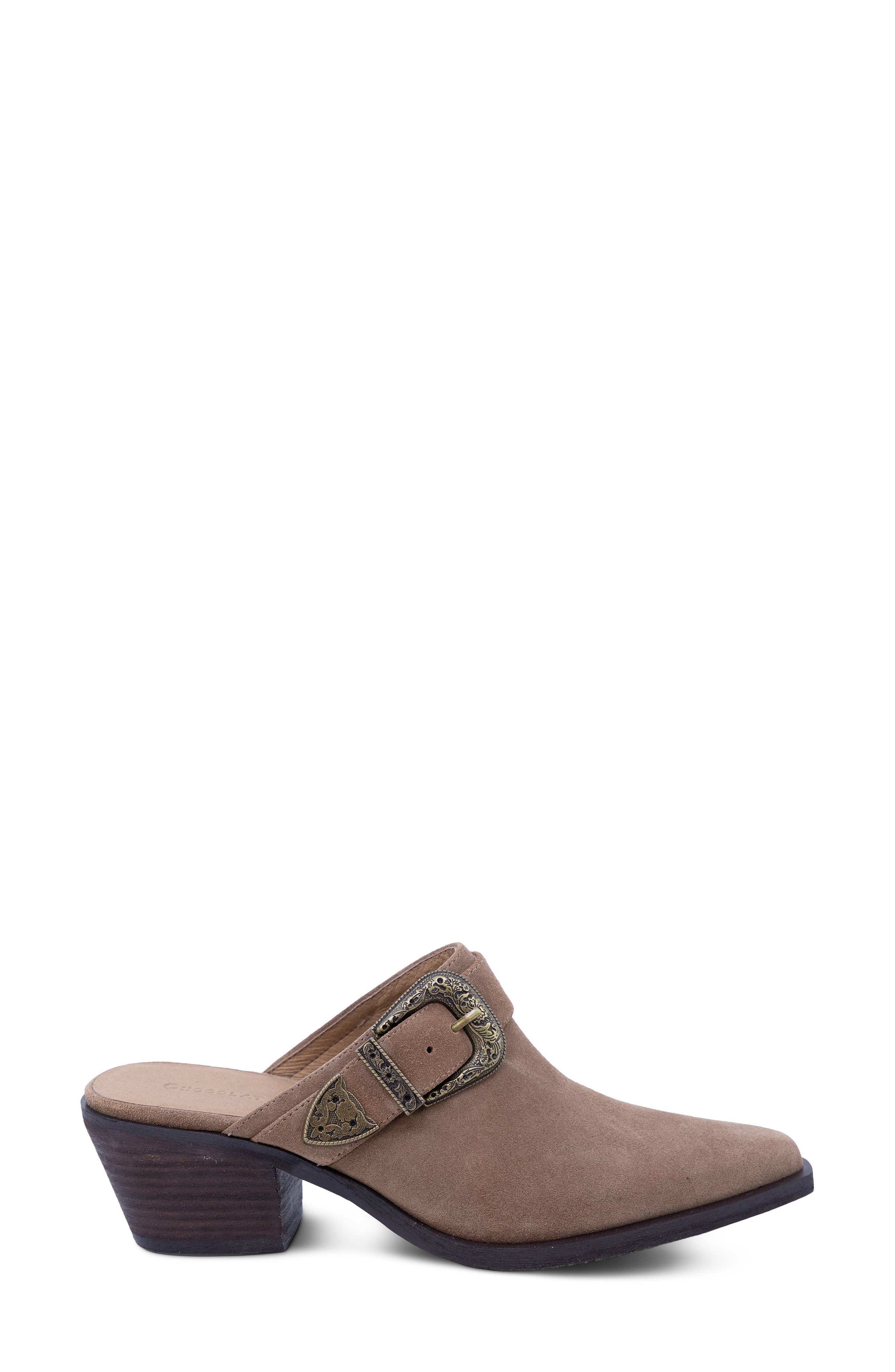 Charm Pointed Toe Buckle Mule, Alternate, color, TOFFEE SUEDE