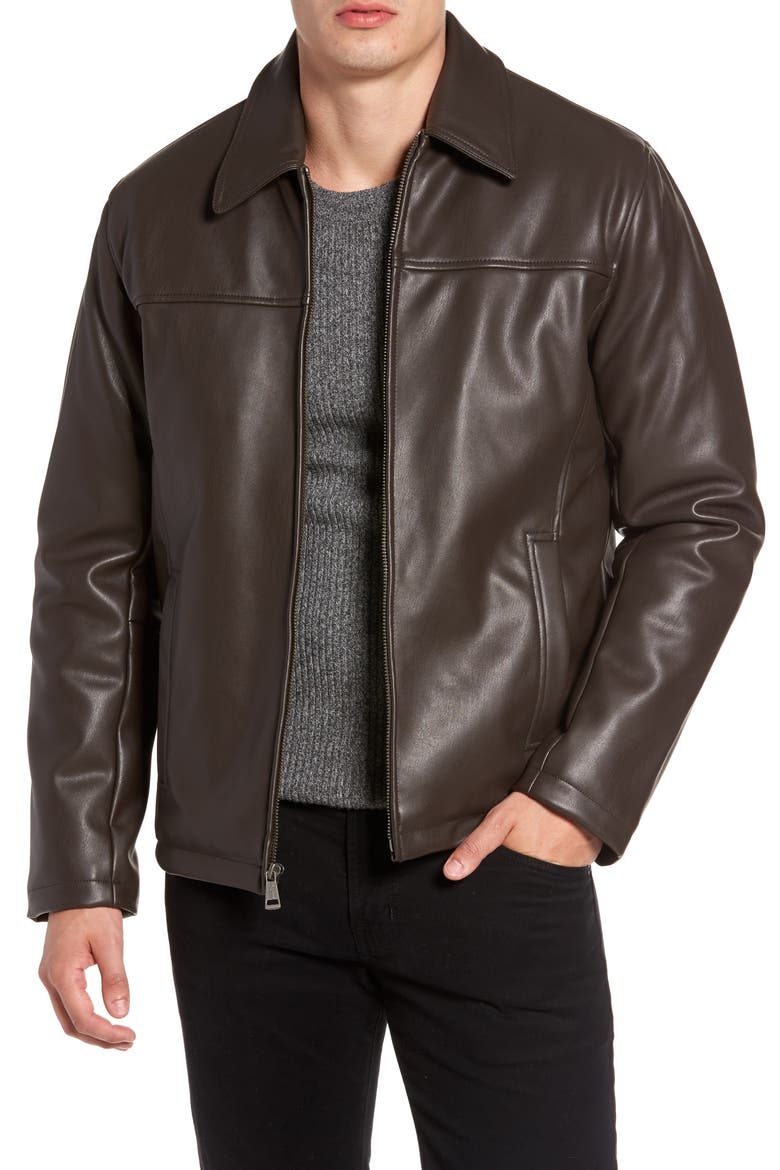 Cole Haan Collared Open Bottom Faux Leather Jacket, Main, color, DARK BROWN