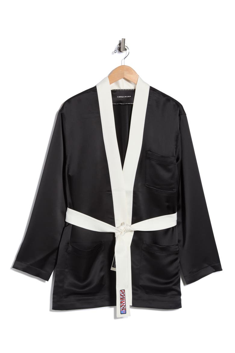 Belted Satin Jacket, Alternate, color, BLACK