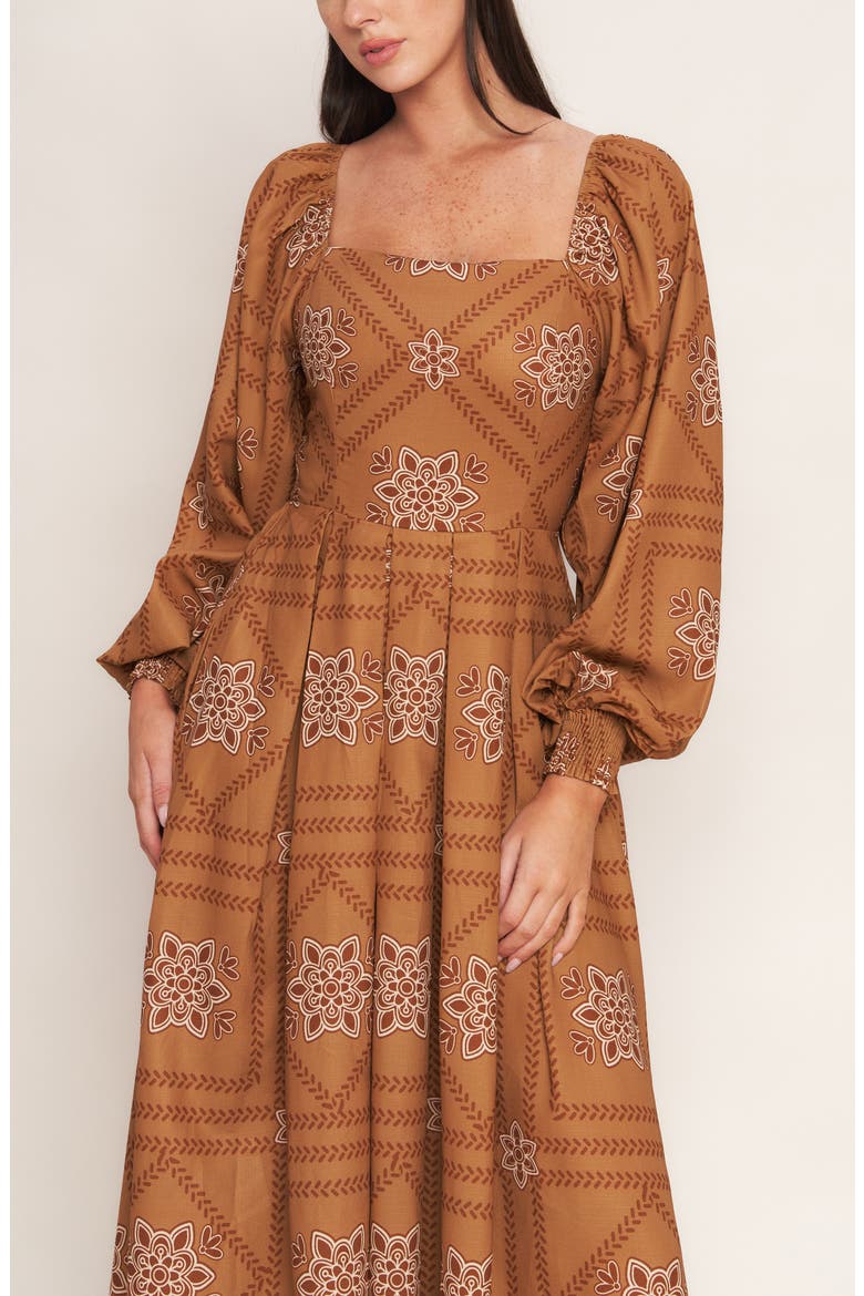 Long Sleeve Print Midi Dress, Alternate, color, CAMEL
