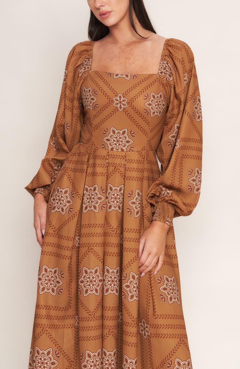 FLYING TOMATO Long Sleeve Print Midi Dress, Alternate, color, Camel