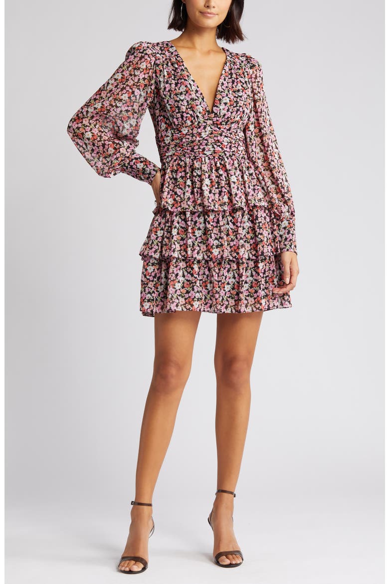 Floral Tiered Long Sleeve Minidress, Alternate, color, BLACK DITSY