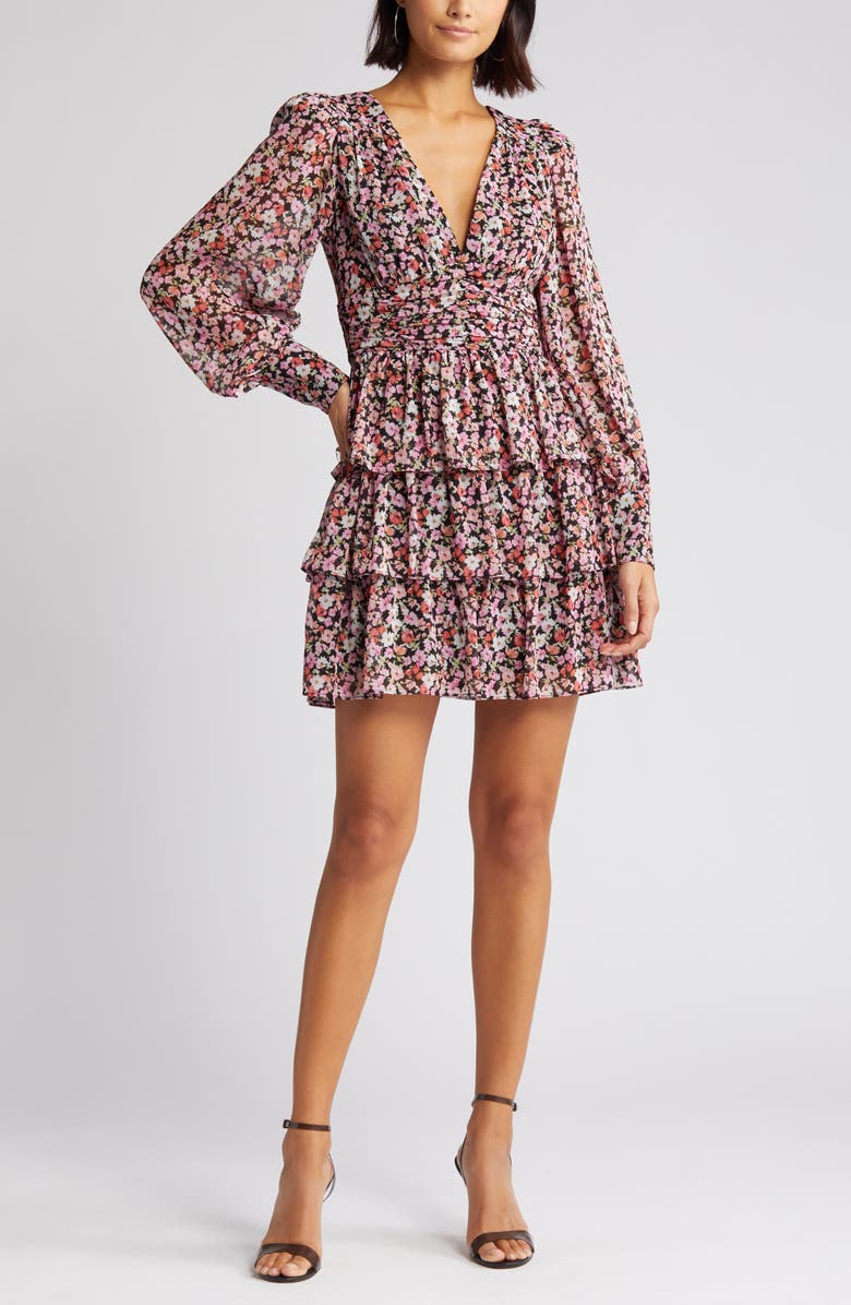 Charles Henry Floral Tiered Long Sleeve Minidress, Alternate, color, Black Ditsy