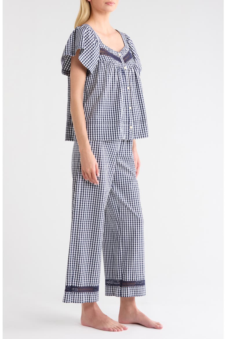 Lace Trim Cotton Poplin Pajamas, Alternate, color, NAVY PETITE GINGHAM