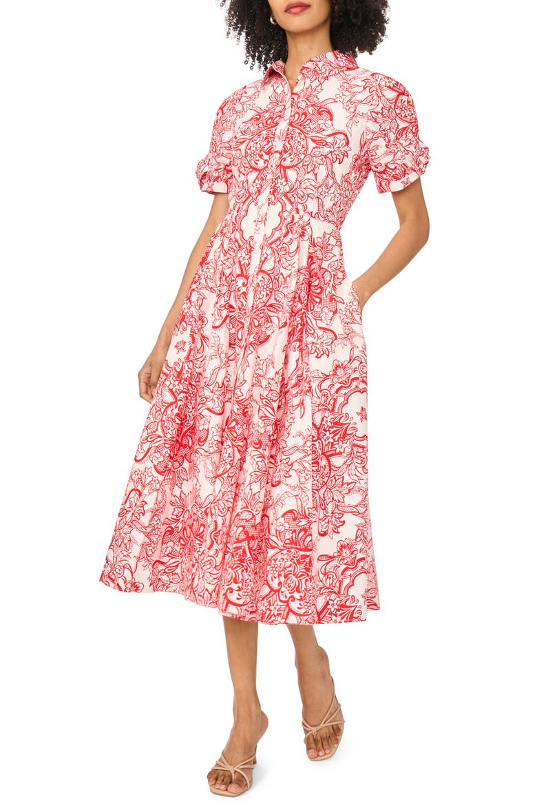 Floral Short Sleeve Cotton Fit & Flare Shirtdress, Main, color, CLASSIC CHERRY