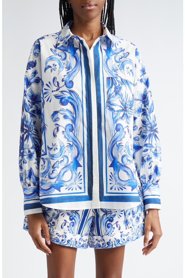 Garden Tiles Cotton Button-Up Shirt, Main, color, OFF-WHITE