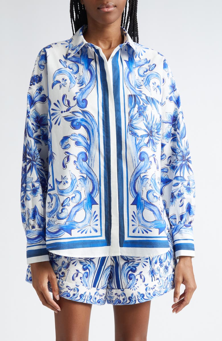 FARM Rio Garden Tiles Cotton Button-Up Shirt, Main, color,