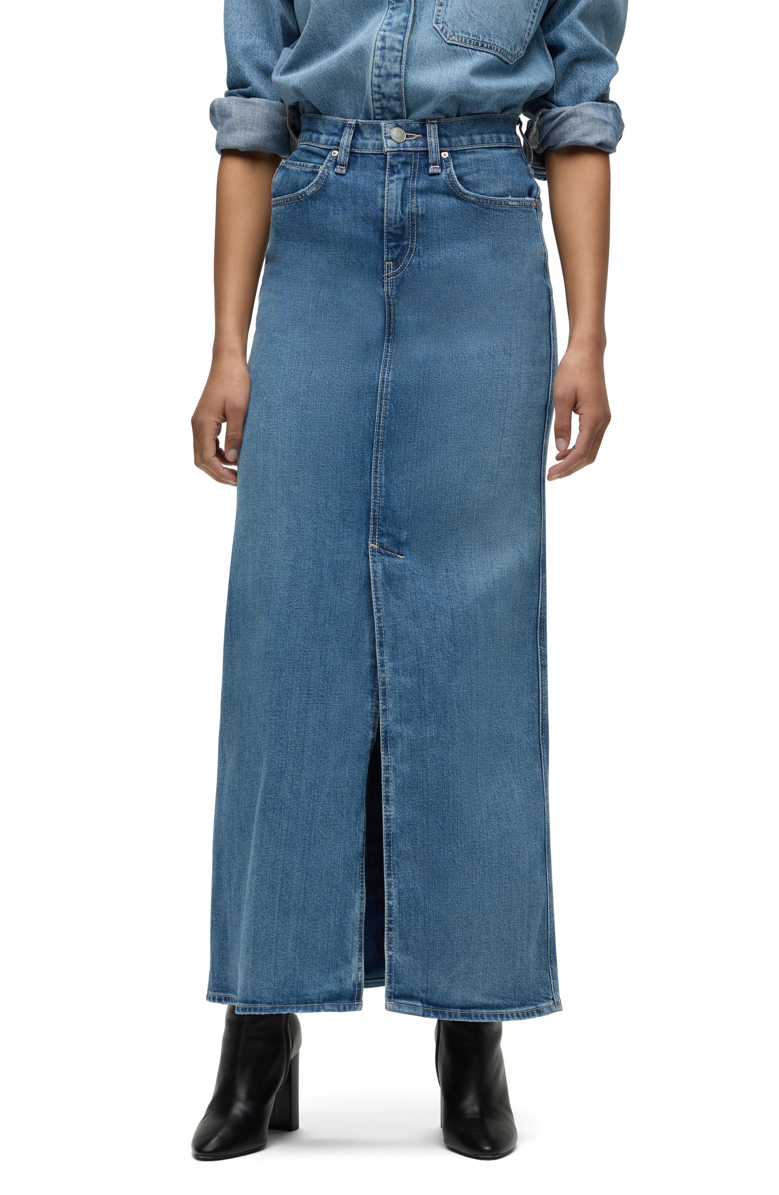 Reconstructed Stretch Cotton Denim Maxi Skirt