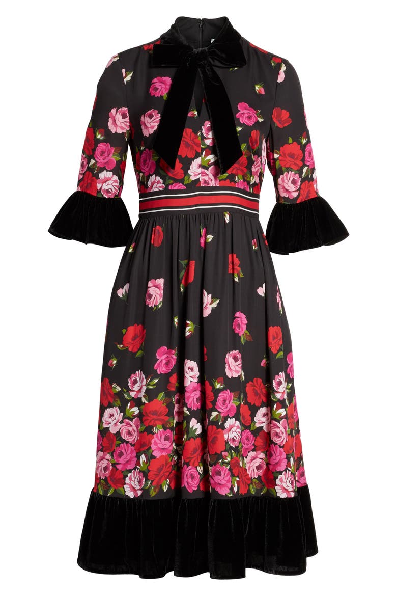 scattered rose velvet trim silk dress, Alternate, color, BLACK MULTI