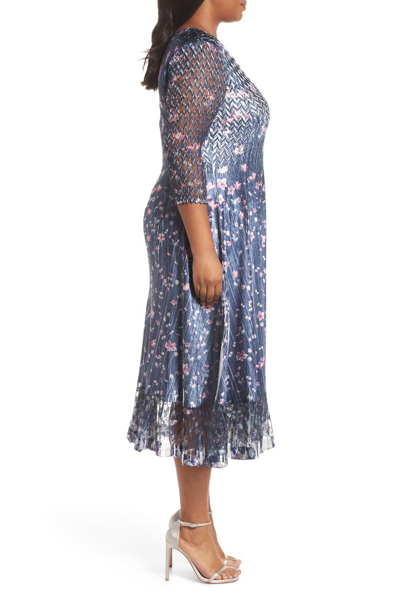 Lace Sleeve Charmeuse Midi Dress, Alternate, color, WILD THISTLE