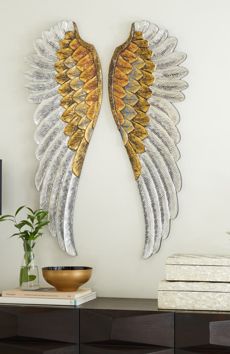 GINGER BIRCH STUDIO Goldtone Wood Carved Angel Wings Wall Decor - Set of 2, Alternate, color,