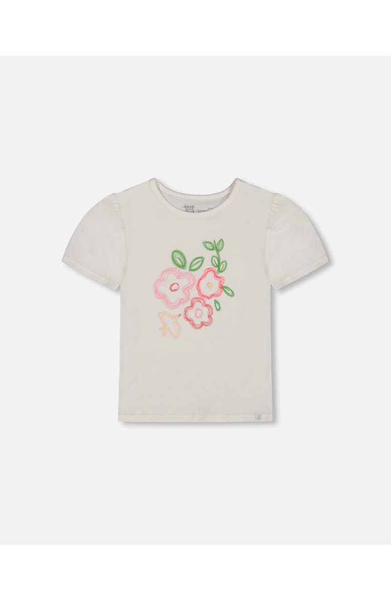 Deux par Deux Girl's Organic Cotton Tee With Puff Sleeve Pink Flower On White Background, Main, color,