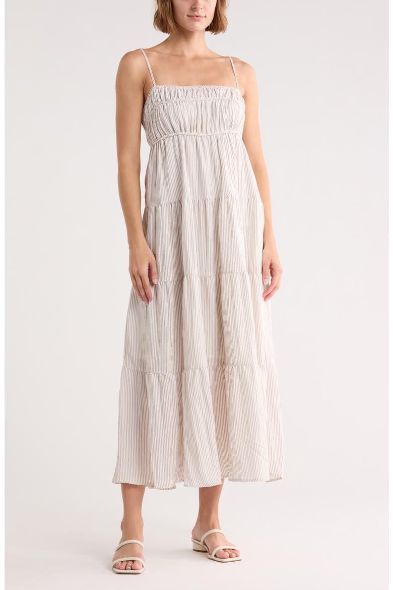 Stripe Tiered Midi Sundress, Main, color, MOCHA