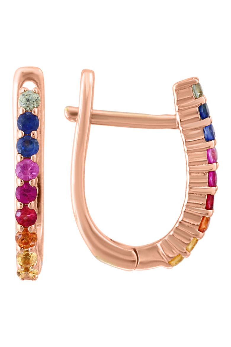 14k Rose Gold Plated Multi Sapphire & Diamond Huggie Hoop Earrings, Main, color, RED