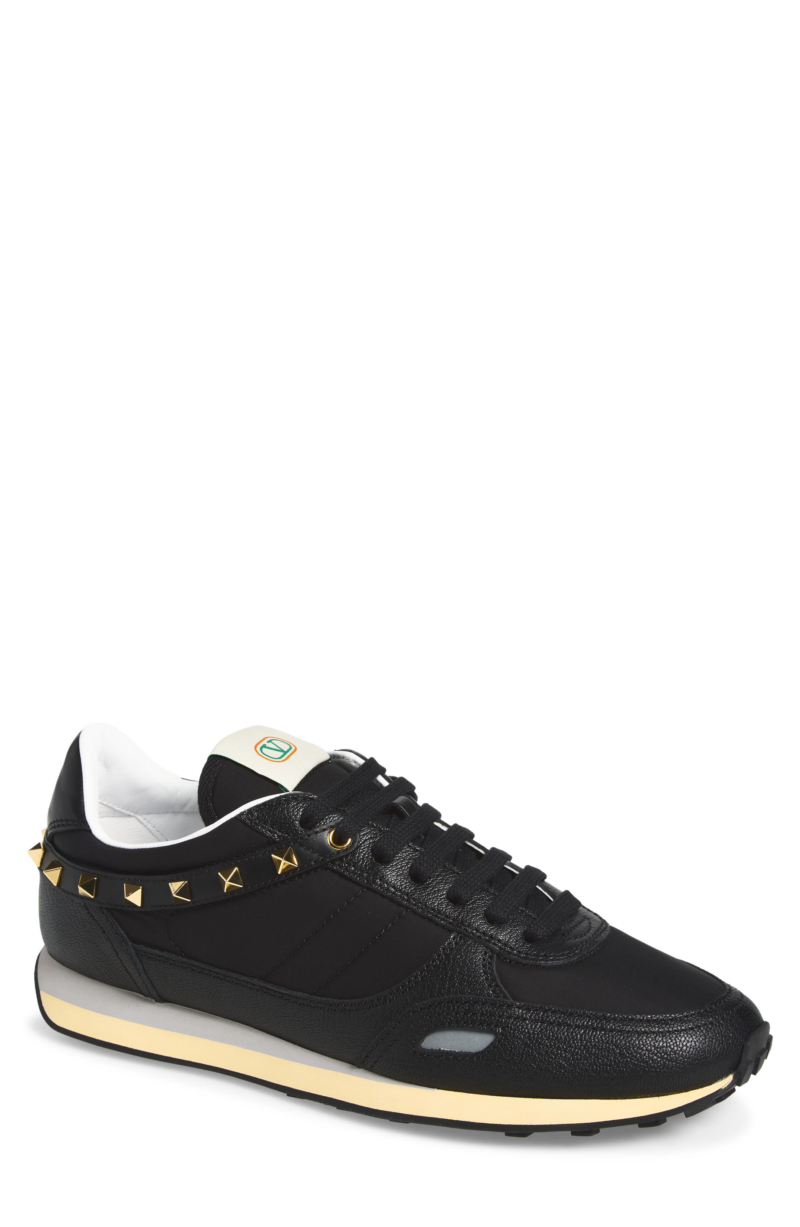 Stud Up Leather Sneaker, Main, color, BLACK