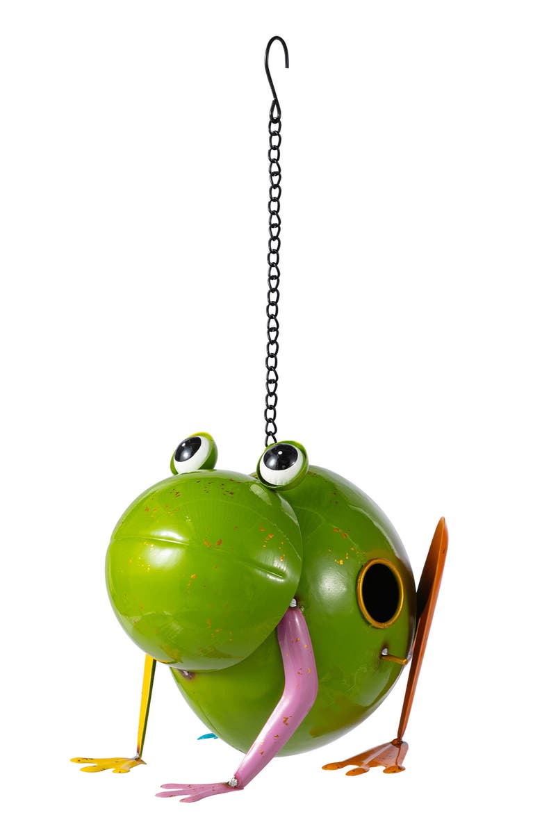 Glitzhome 9"L Metal Glossy Frog Outdoor Garden Birdhouse, Main, color, Green