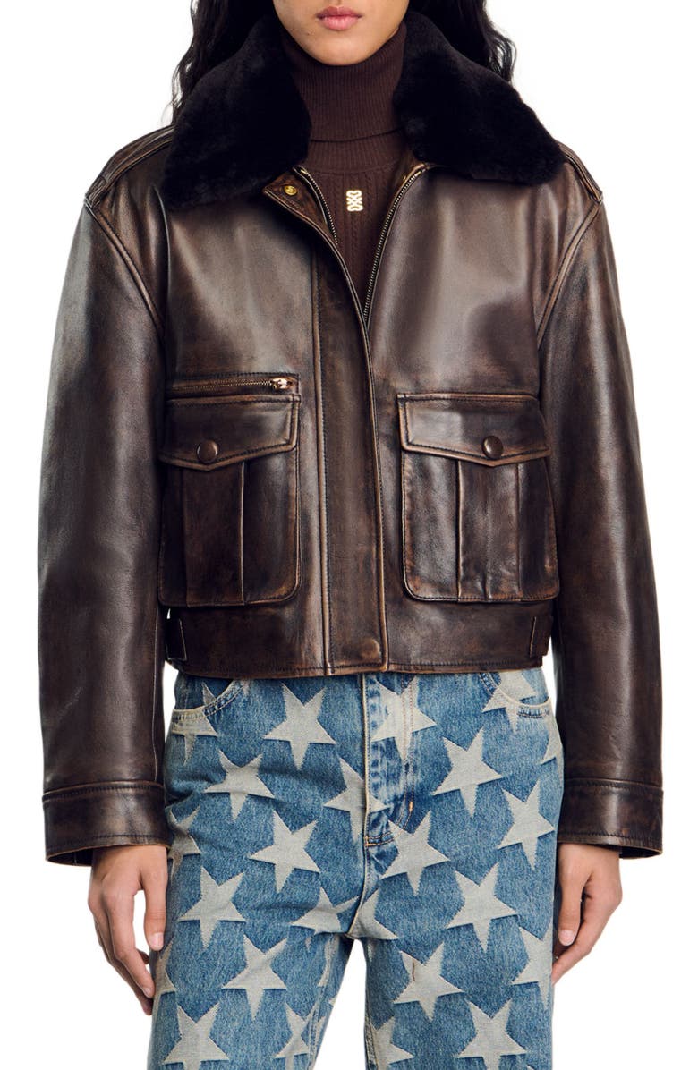 SANDRO Distressed leather jacket, Alternate, color, 
