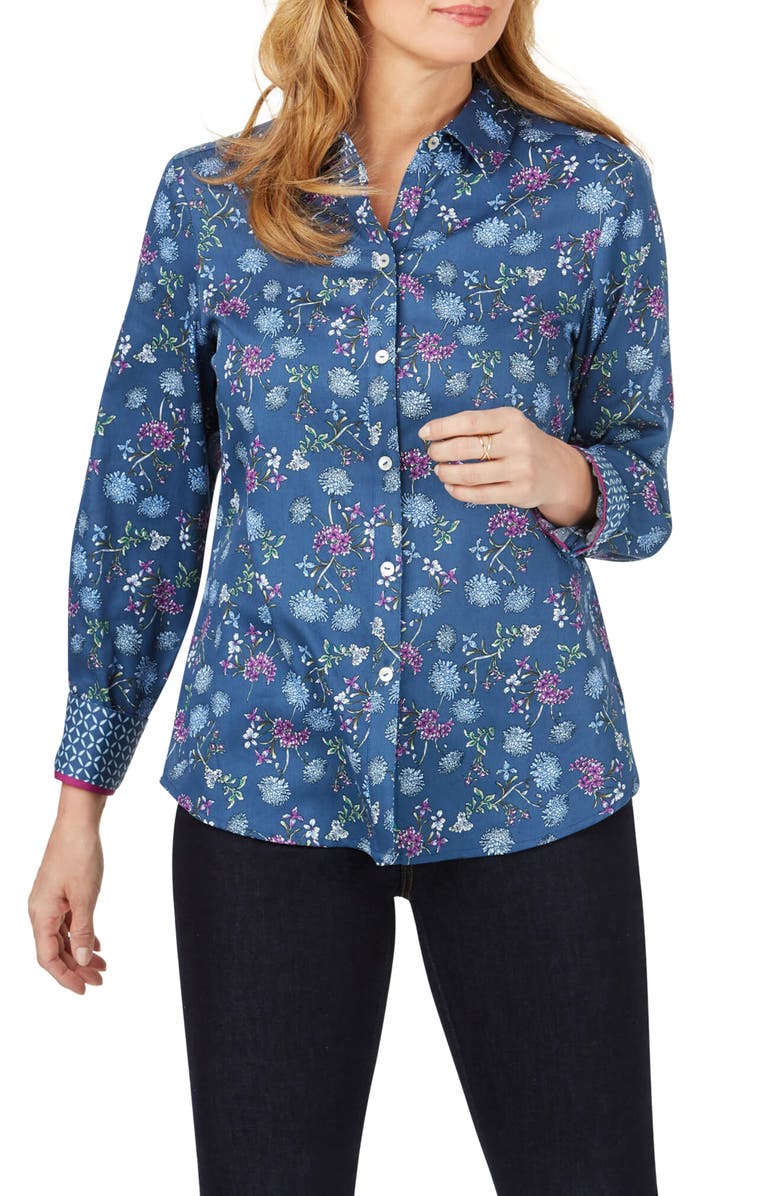 Foxcroft Ava Floral Print Chambray Shirt, Main, color, 