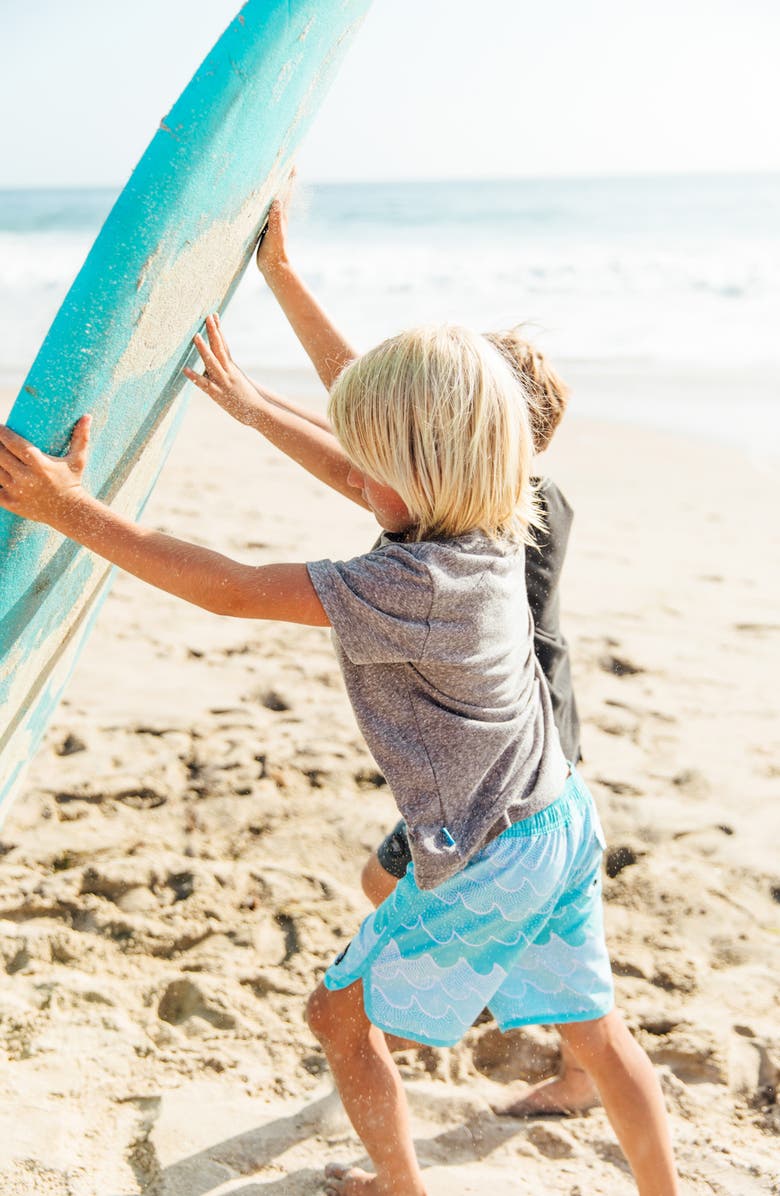 Feather 4 Arrow Kids' Scallop UPF 50+ Board Shorts, Alternate, color, Sea Jet