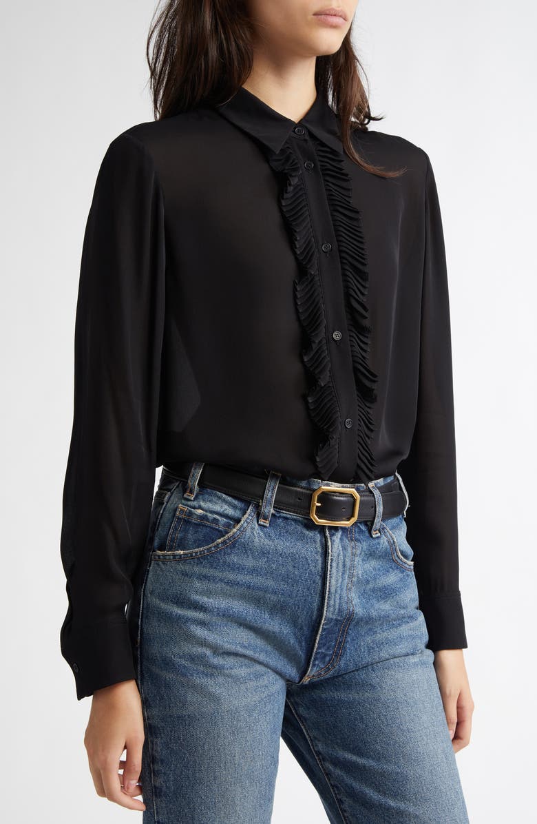 Nili Lotan Danika Ruffle Placket Silk Shirt, Alternate, color,