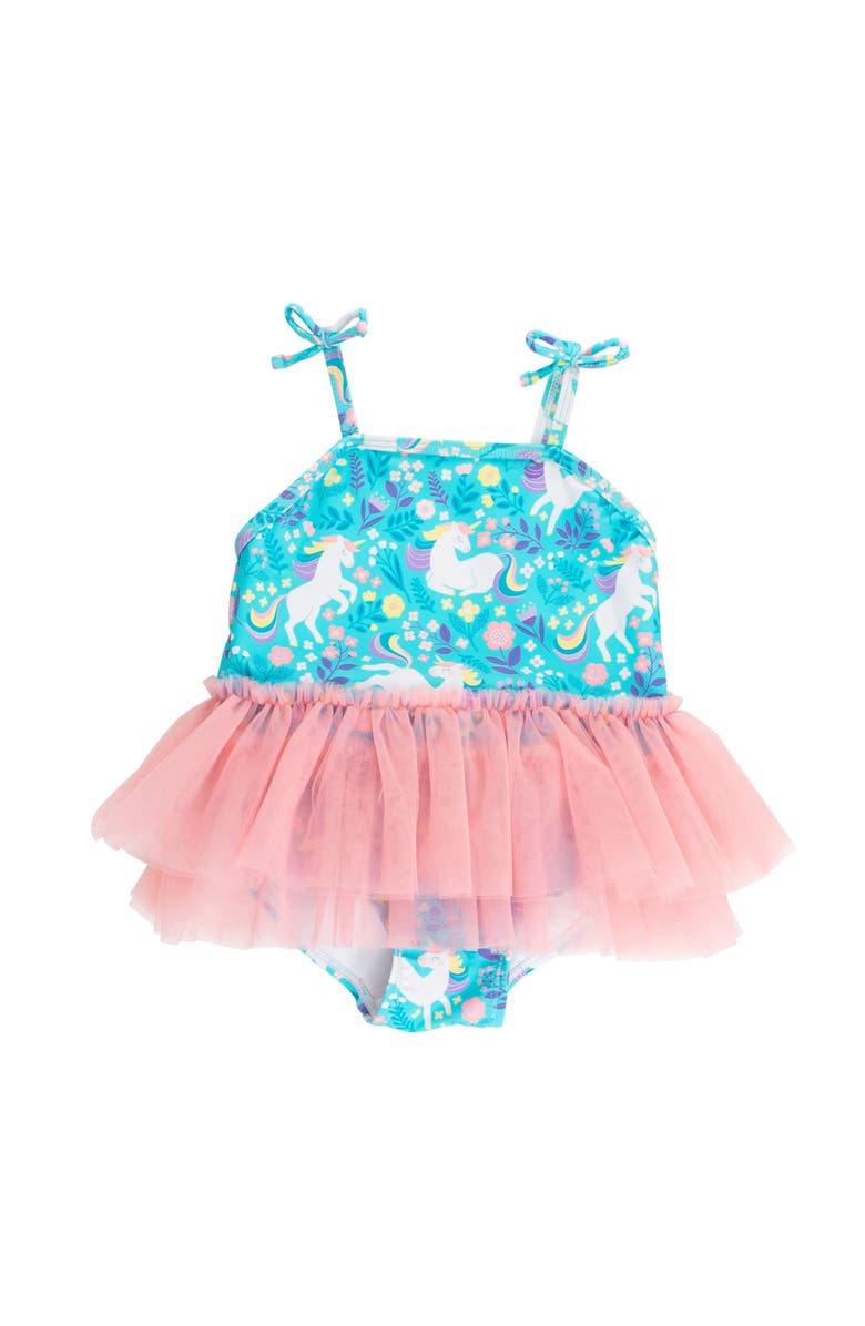 RuffleButts Toddler Girls UPF50+ Tulle Skirted One Piece, Main, color, Bright Aqua Unicorn Meadow