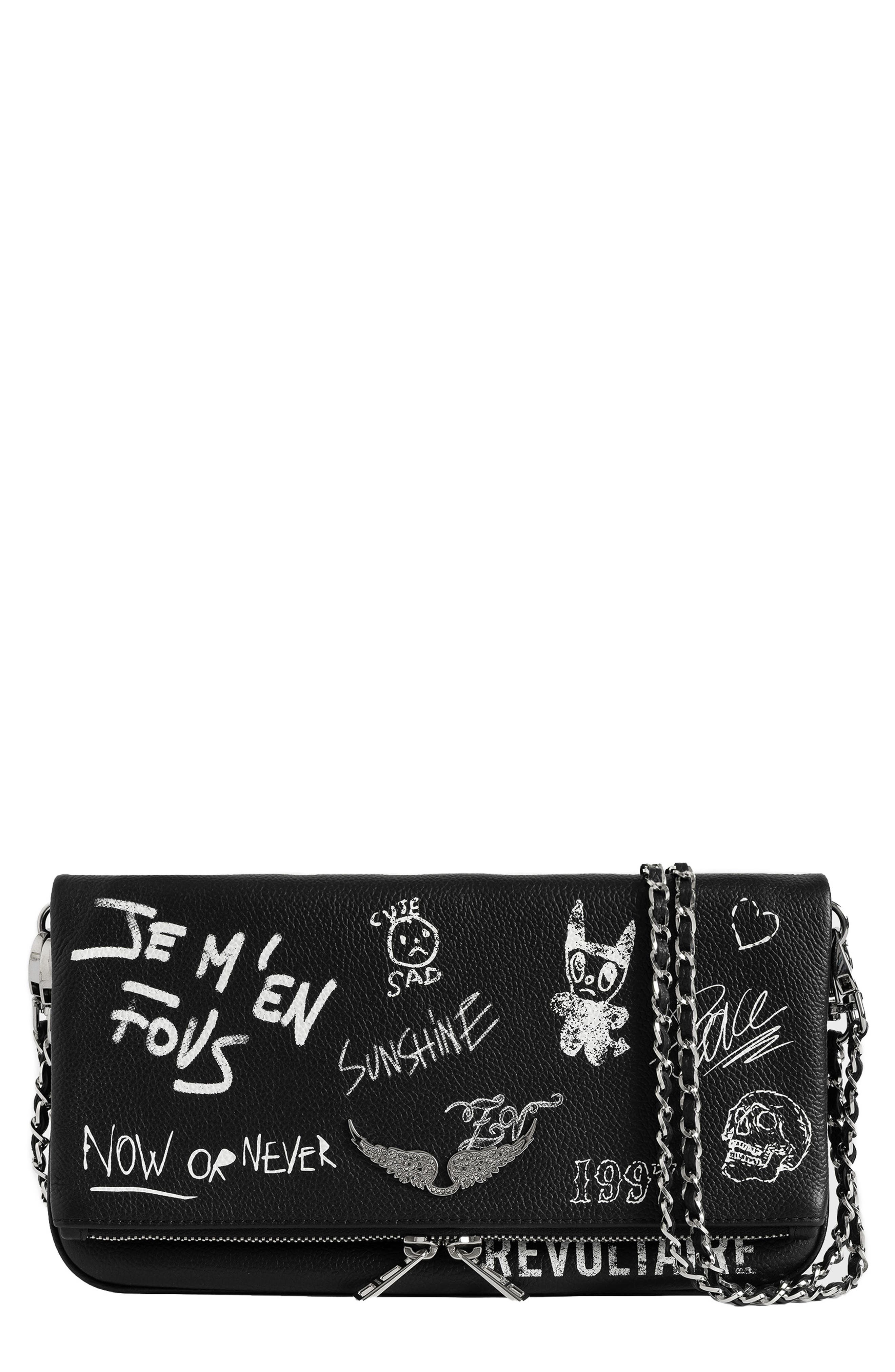 Rock Arty Tag Leather Clutch, Main, color, BLACK