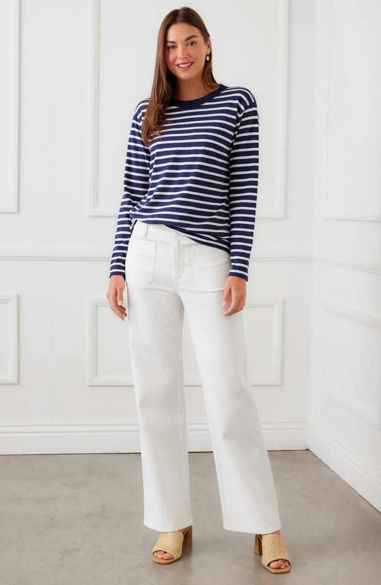 Karen Kane Stripe Crewneck Long Sleeve Cotton Top, Alternate, color, Navy/White