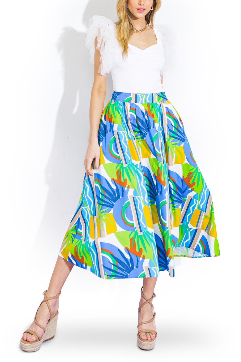 Printed Cotton Midi Skirt, Alternate, color, BLUE