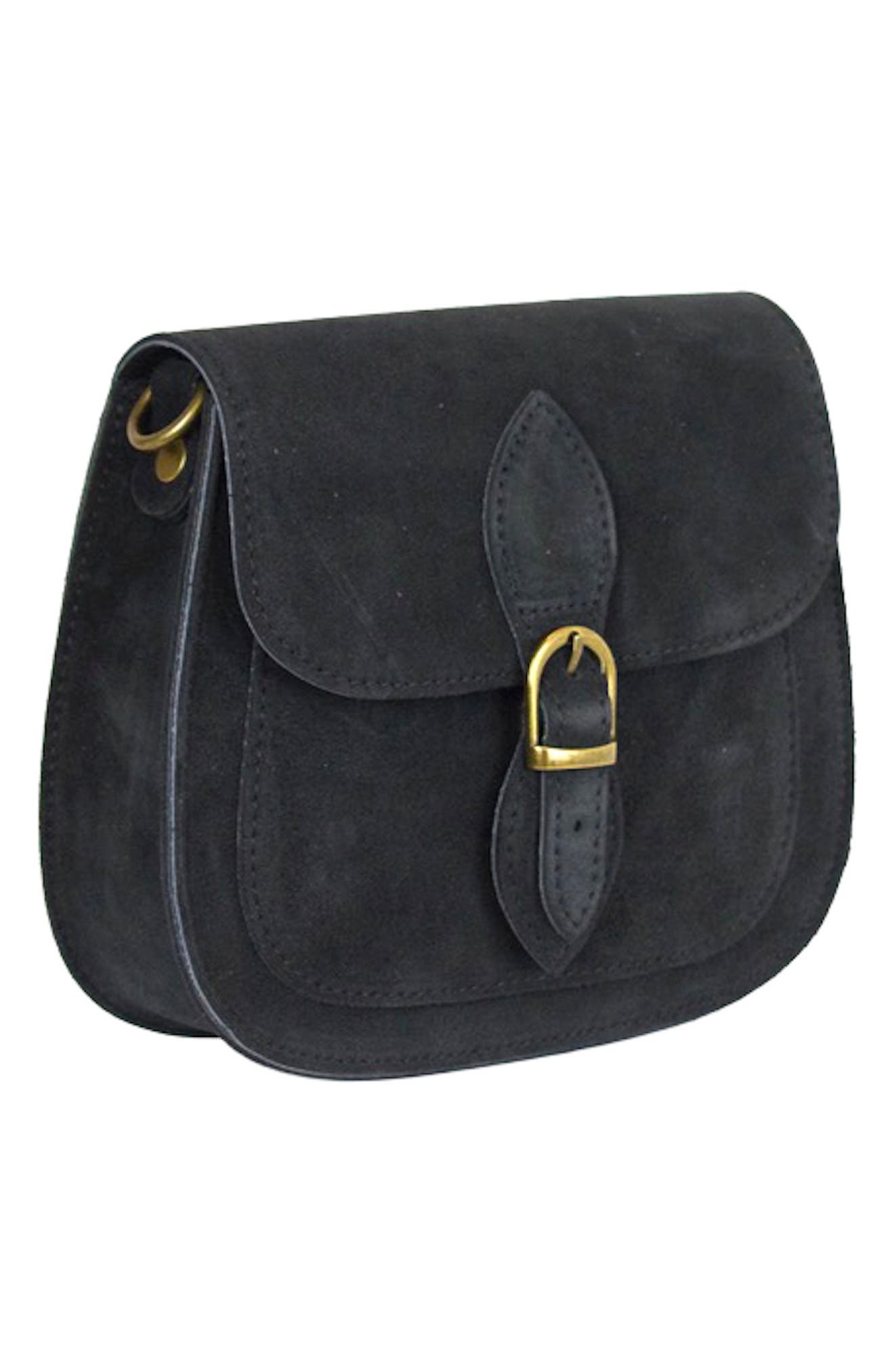 Annie Buckle Suede Crossbody Bag, Alternate, color, BLACK