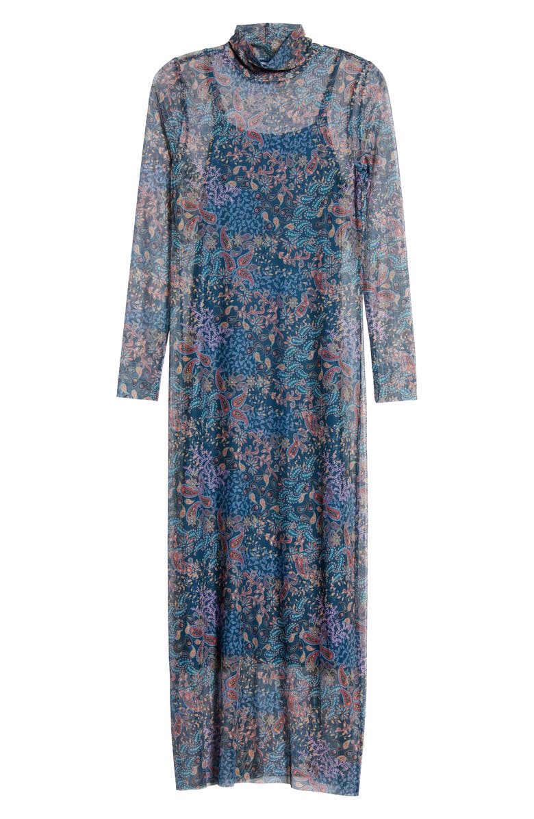 Open Edit Mock Neck Long Sleeve Mesh Midi Dress, Alternate, color, 