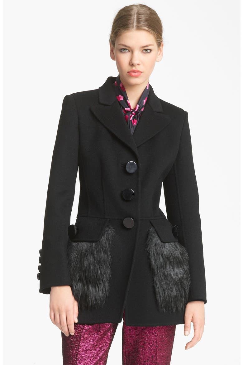 Faux Fur Pocket Wool Coat, Main, color, BLACK