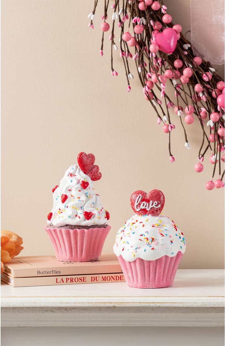 Glitzhome Set of 2 Valentine
s Resin Cupcakes Table Decor, Alternate, color, Red