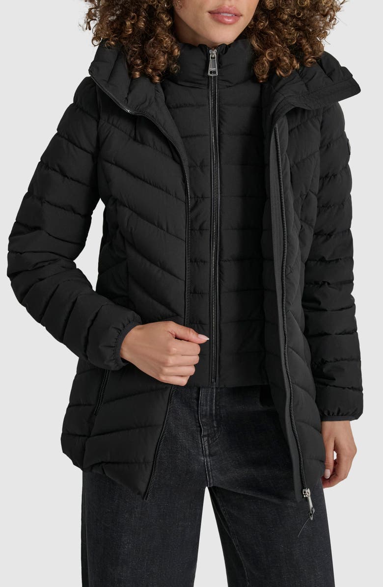 DKNY Short Stretch Hooded Packable Puffer Jacket, Main, color, 