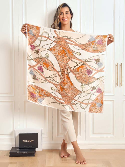Silksilky 100% Mulberry Silk Printed Square Shawl Scarf In Orange