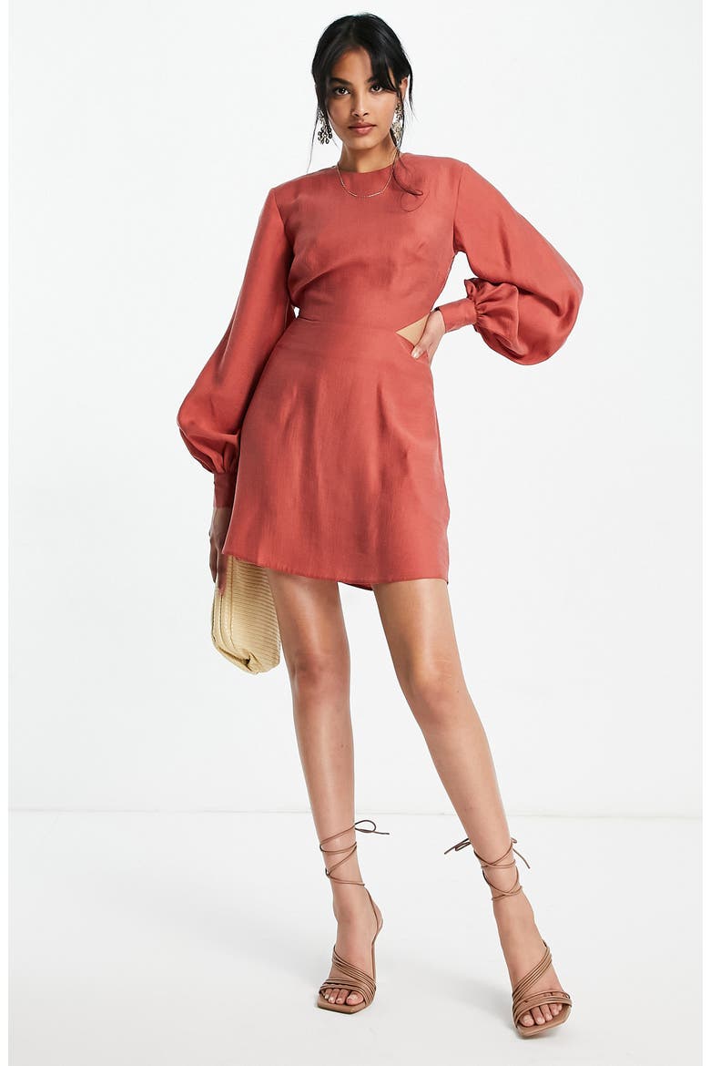 Open Back Long Sleeve Satin MInidress, Main, color, RED