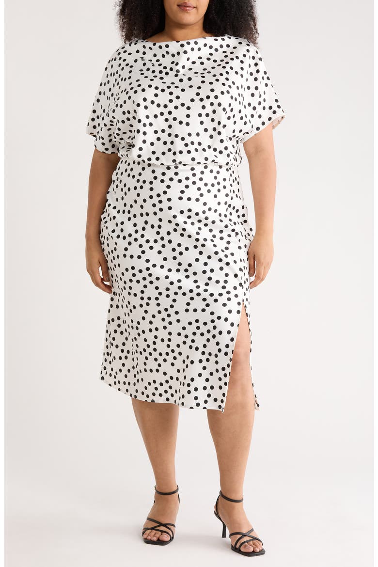 Polka Dot Short Sleeve Satin Midi Dress, Main, color, IVORY